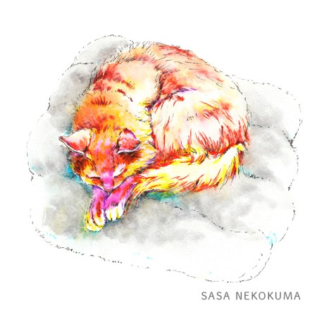 丸まって眠る猫の水彩イラスト